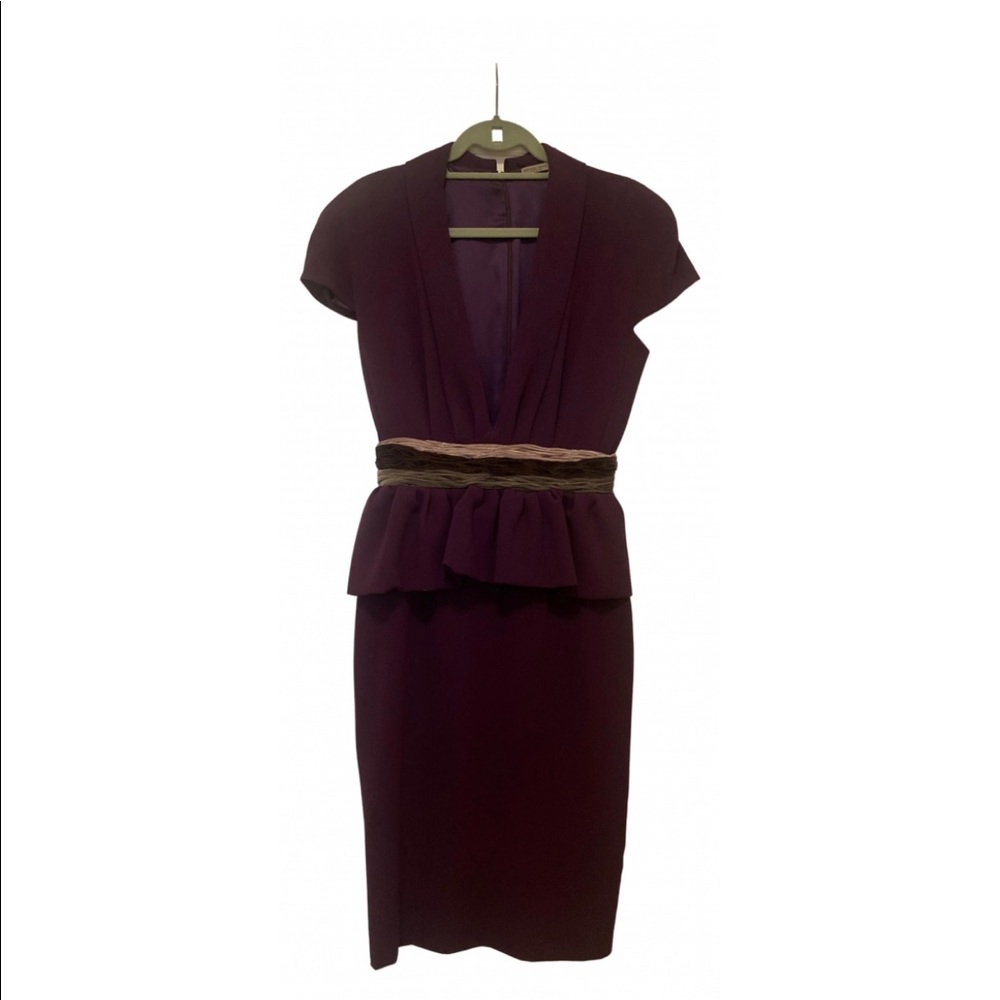 Purple v-neck cocktail dress with velvet peplum waist